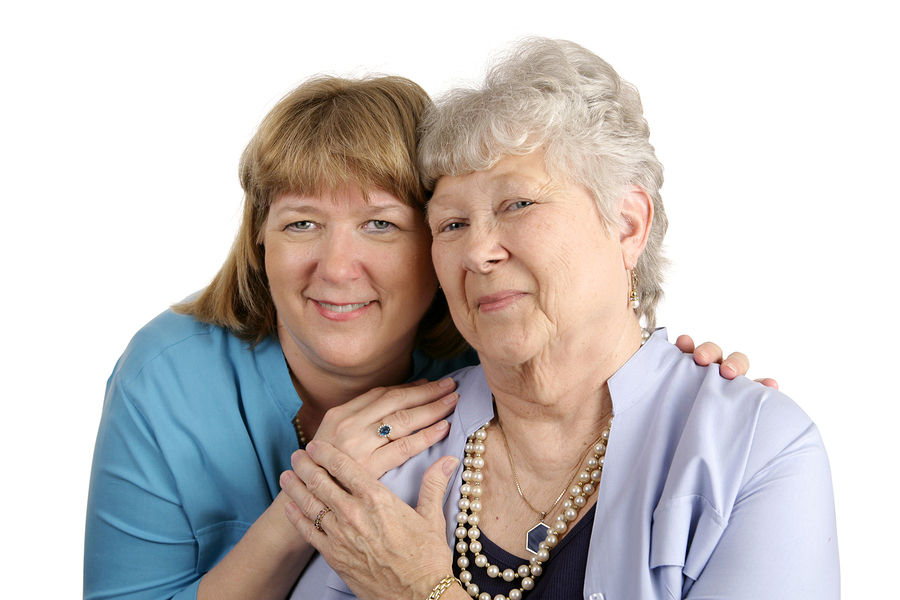 A portrait of an adult daughter and elderly mother with mixed emotions due to their struggle to get along.